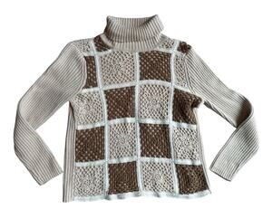 Villager Sport Petite M Crochet Patchwork Turtleneck Sweater Beige Brown Boho